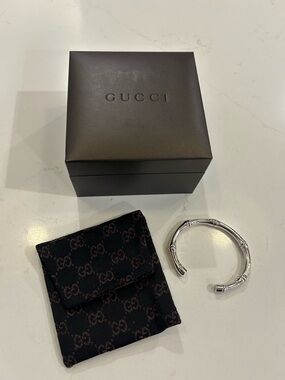 Vintage Gucci Silver Bamboo-Style Open Cuff Bracelet. Never worn.